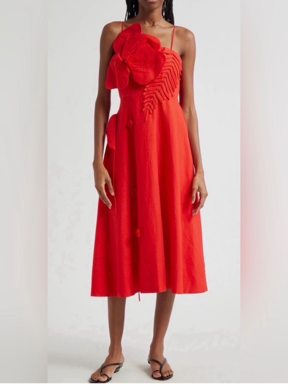 FARM Rio Red Floral-Applique Spaghetti-Strap Midi Dress